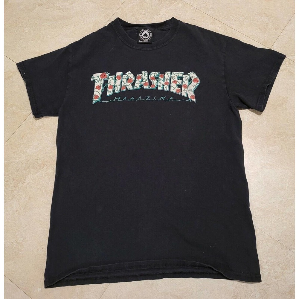 Vintage Mens Thrasher Magazine Rose Thorns‎ Black T Shirt Size S Small